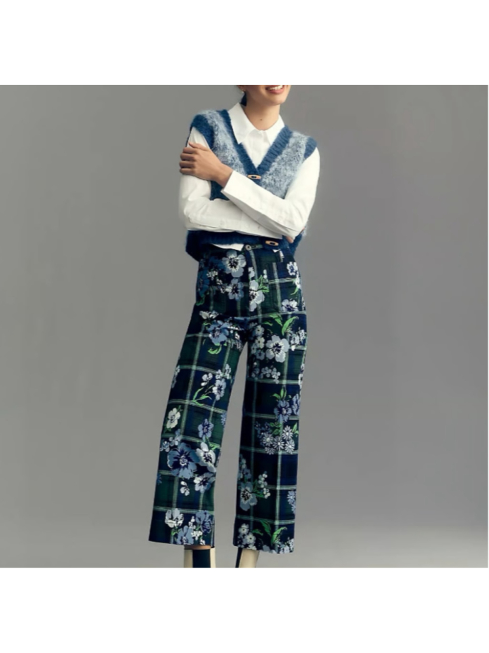 Maeve Anthropologie The Colette Floral Plaid Blue Green Wide Leg Pants 26P